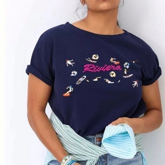 Maeve by Anthropologie Riviera Navy Blue Water Sports Embroidered Tee Shirt - Picture 1 of 8